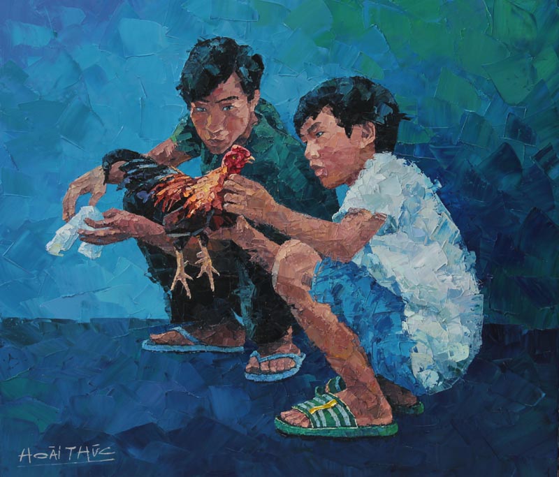 Two boys with a rooster